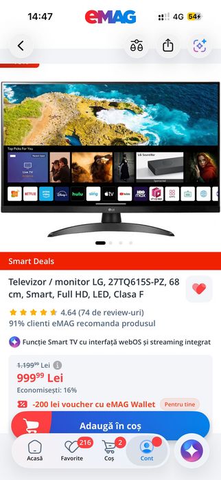 Televizor / Monitor Smart LG 27TQ615S-PZ, 68 cm (27 inch), Full HD, Wi-Fi, Stare Impecabilă