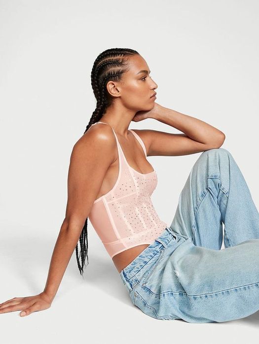 Розово боди с камъни тип корсет