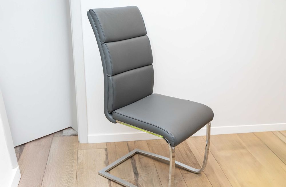 Scaune dining cu picior metalic (chrom) din piele ecologica gri