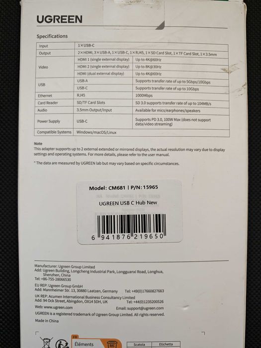 UGREEN CM681 USB-C хъб, 11 порта, 4K&8K, Ethernet, сив