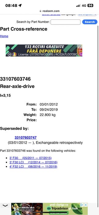 Grup spate diferential bmw f30 2.0i motor N20 184 cai