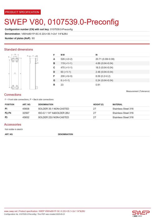 Schimbator de caldura SWEP V80Hx90/1P-SC-S 22U+35.1+2x1 1/4"&28U