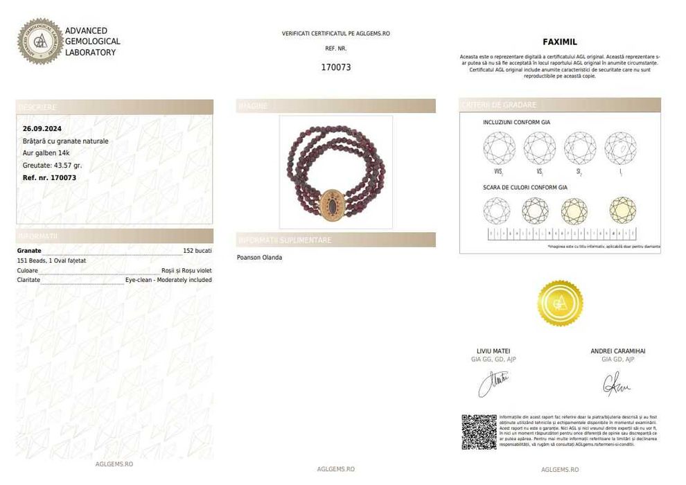 Brățară cu trei rânduri de granate beads, cu închizătoare din aur