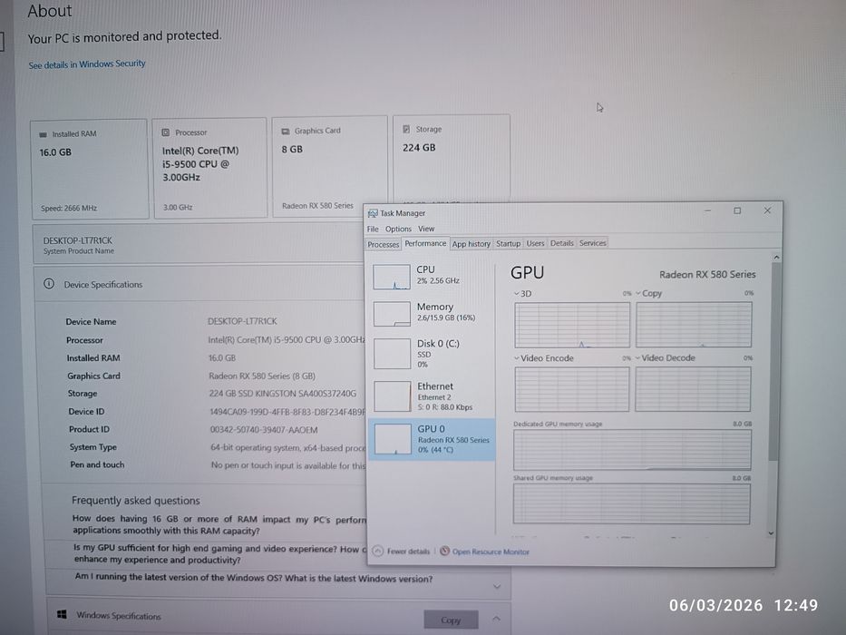 Unitate gaming light i5 Gen9 16Gb 256Gb RX580 8Gb