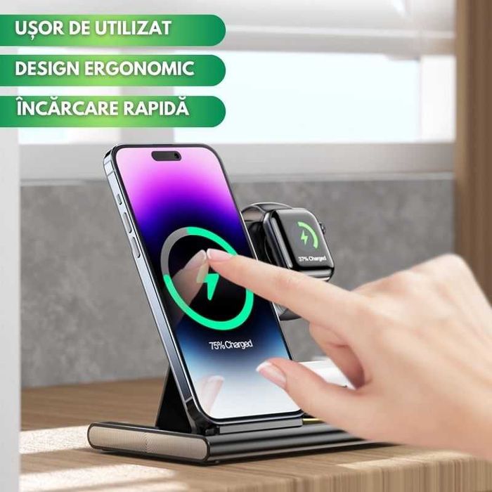 NOU - Incarcator Wireless Fast Charger 15W 3in1 pentru Apple, Samsung