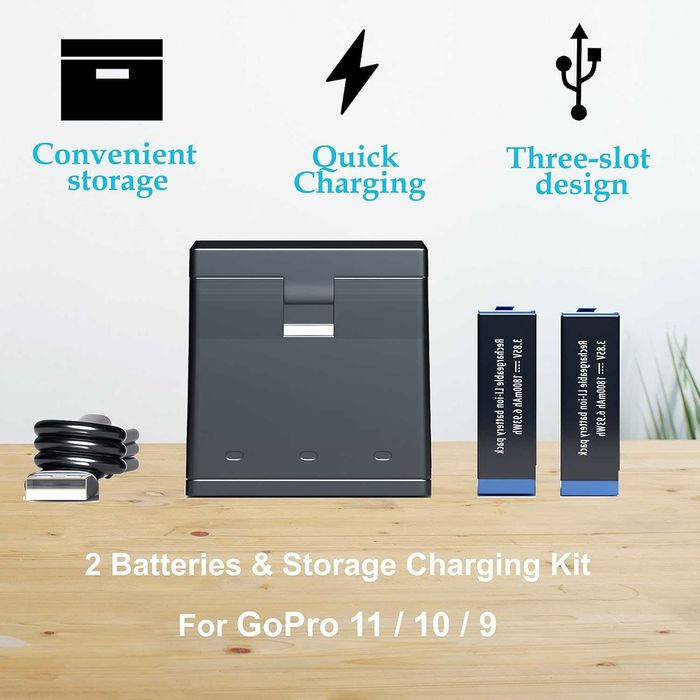 Резервни батерии 2 броя + 3 канално зарядно за GoPro Hero 9/10/11/12