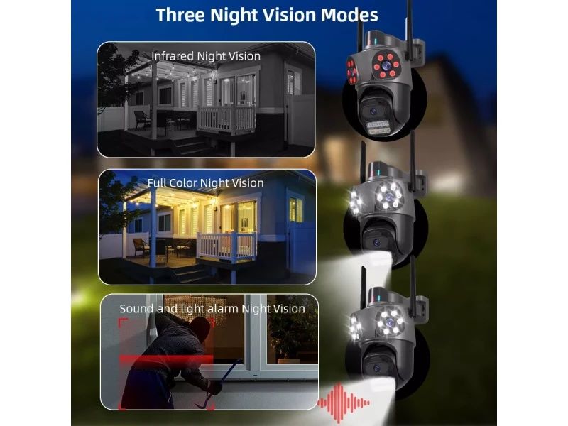 Тройна външна въртяща WiFi AI камера 10MP с три обектива, ICSee, Черна