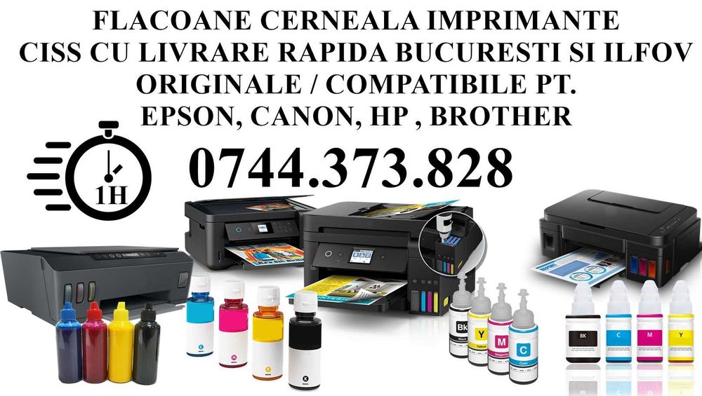 Cerneala imprimanta Epson, Canon, HP, Brother – flacoane CISS