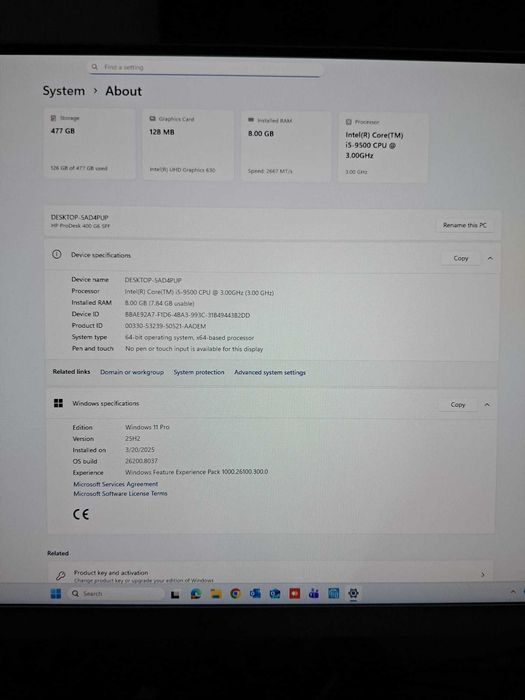 Calculator HP Prodesk 400 G6 SFF, i5-9500, 8GB RAM, 480SSD, Windows11Pro