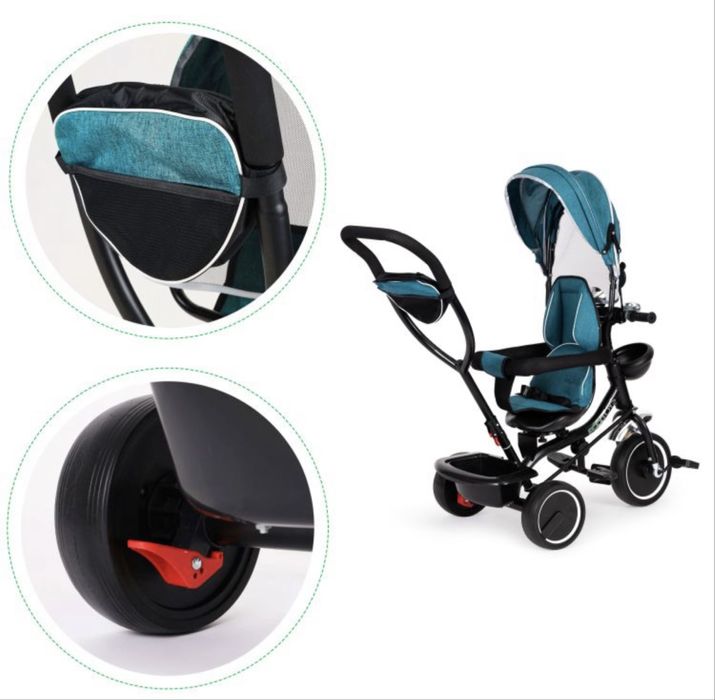 Детска триколка с въртяща се седалка и сенник, синьо и зелено, ECOTOYS
