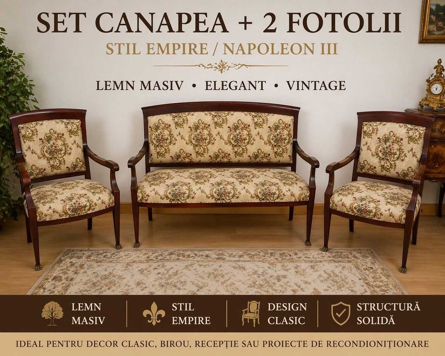 Set canapea + 2 fotolii stil Empire / Napoleon III, lemn masiv, vintage, Necesita curatare
