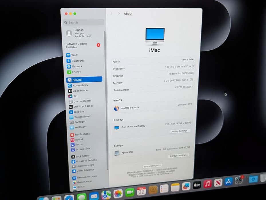 Apple iMac 21.5" 4K i5 8th/ 8GB RAM/500GB MacOS Sequoia