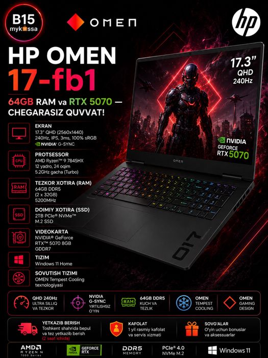 HP Omen 17-fb1 — 64GB RAM va RTX 5070 — Dastavka • New