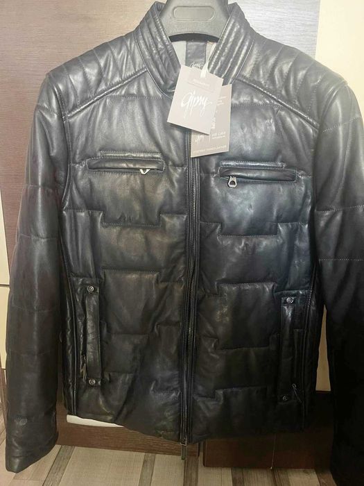 Haina piele naturala, geaca barbati, baieti, culoarea gri inchis - M