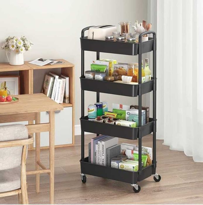 Carucior Raft Depozitare cu 4 Niveluri Roti 360 37x22x95cm Negru