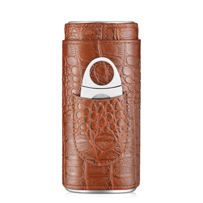 Кожен калъф за 3 пури с кедрово дърво + резачка (крокодилски ефект)