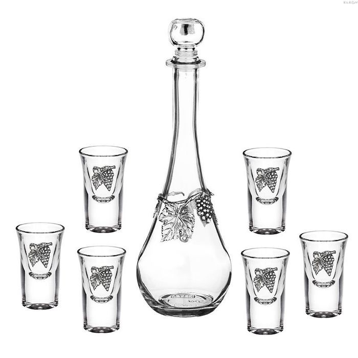 Луксозен комплект за ракия 7 части, бутилка 700мл и 6 чашки с орнамент грозд, Freitas F32270
