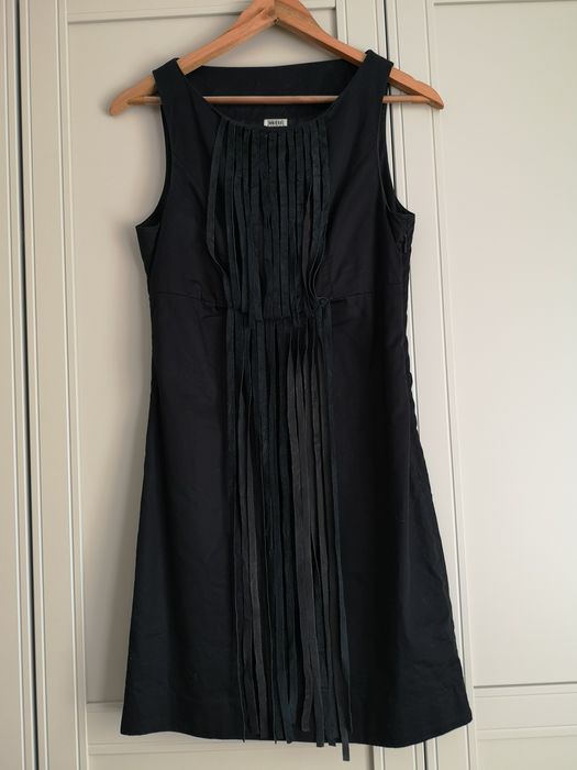 Rochie ocazie cu franjuri din piele, neagra, marime XS