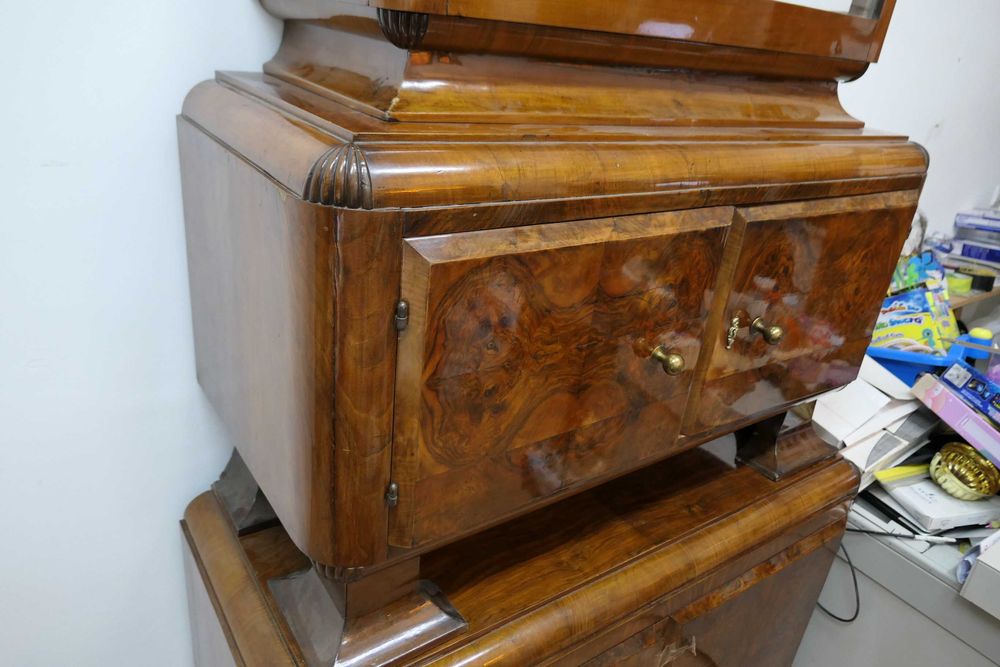 Mobila Veche Lemn Art Deco Bufet Comoda Vitrina Oglinda Bronz