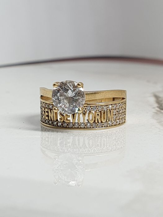 Inel din aur 14K cu zirconiu și mesaj „Seni Seviyorum” – mărimea 56