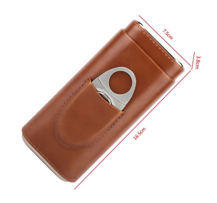 Кожен калъф за 3 пури с ножче и кедрова облицовка – кафяв и черен