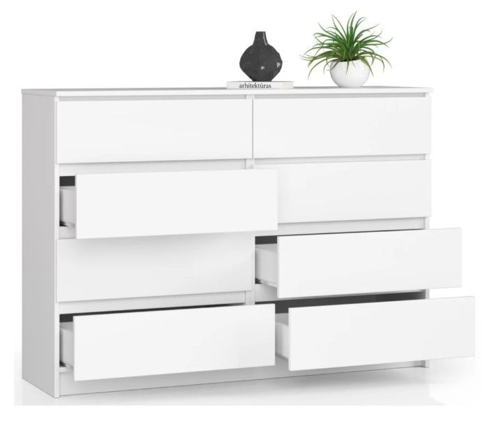 Comodă AKORD K140 albă, 138 cm, 8 sertare, albă, 138x40x99 cm