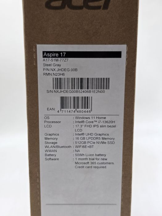 Acer Aspire 17 A17-51M-77Z7, i7 13620H, 16 DDR5, 512 SSD, SIGILAT