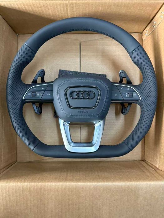 Volan Audi Teșit S-Line Audi A1 A3 A4 A5 A6 A7 A8 R8 Q3 Q5 Q7 TT Piele Nappa + Perforată, Padele și Airbag