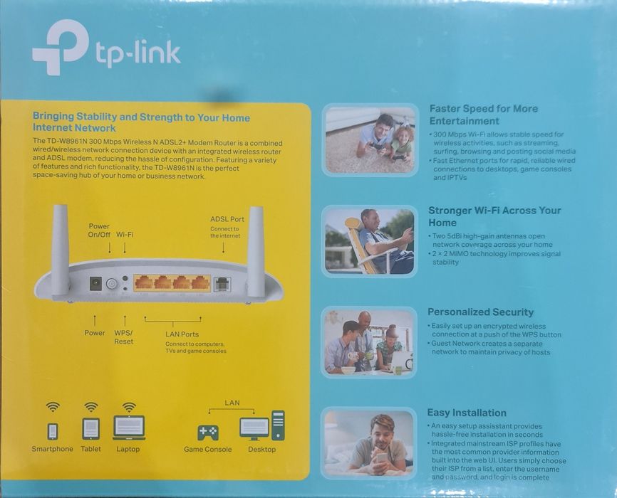 Модем роутер марки tp-link, 300 Mbps Wi-Fi, TD-W8961N.