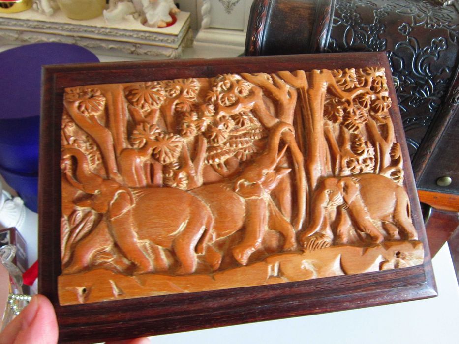 rar Frăția elefantilor tablou 3D sculptura lemn 20,5 x15cm Bali 1980