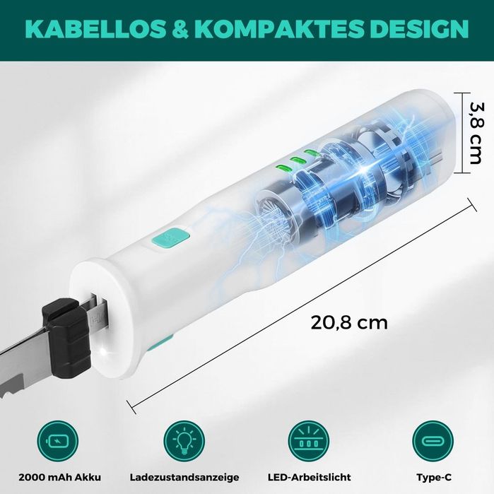 Cuțit Electric Fără Fir HAUSHOF cu 2 Lame din Oțel Inoxidabil și Cutie de Depozitare – Alb