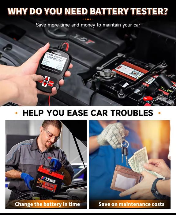 Tester de baterii auto FOXWELL BT100 Pro 12V pentru analizor digital