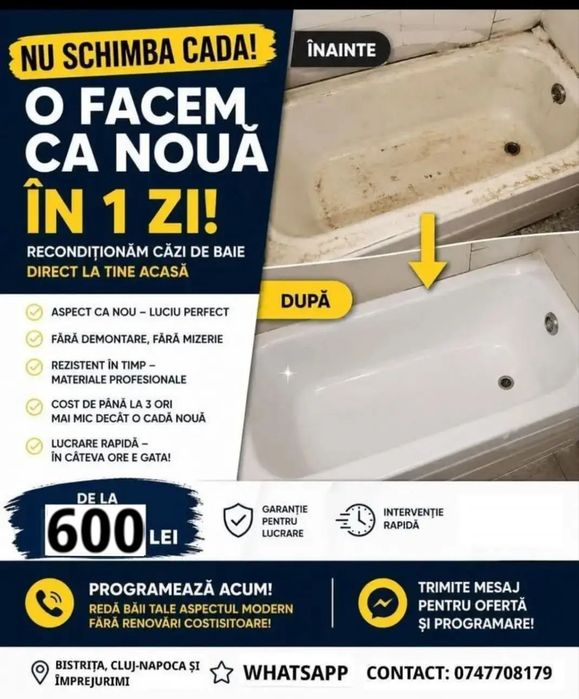 Recondiționare/Recondiționări Căzi de Baie – Ca Nouă, Fără Demontare!
