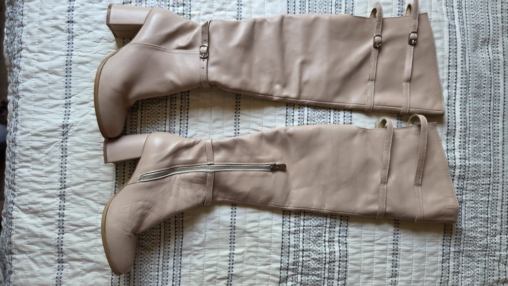 Cizme peste genunchi din piele naturala nude