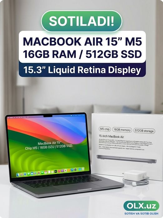 Apple MacBook Air 15" M5 / 16GB RAM / 512GB SSD / Yangi (model: A3448)