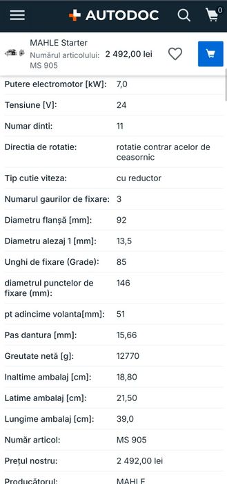 Electromotor NOU MAHLE MS905 24V 7kW Mercedes Actros MP4