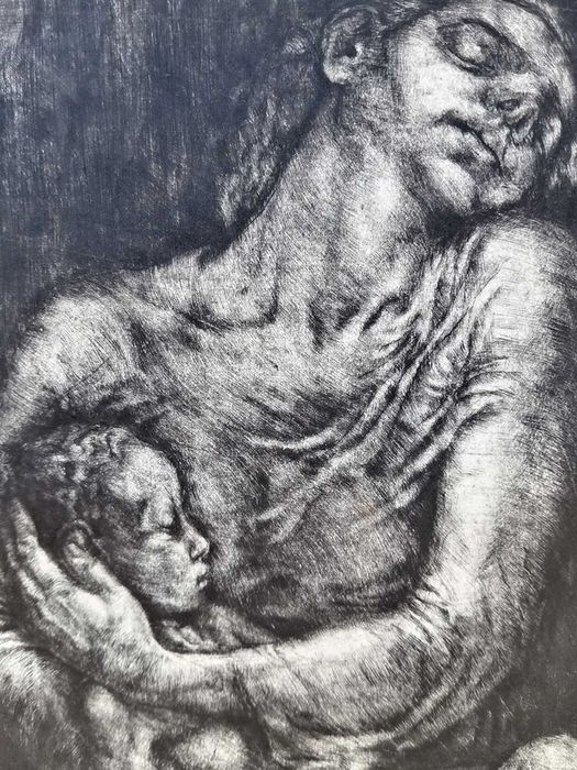 Tablou vechi - gravura - materna - nesemnata