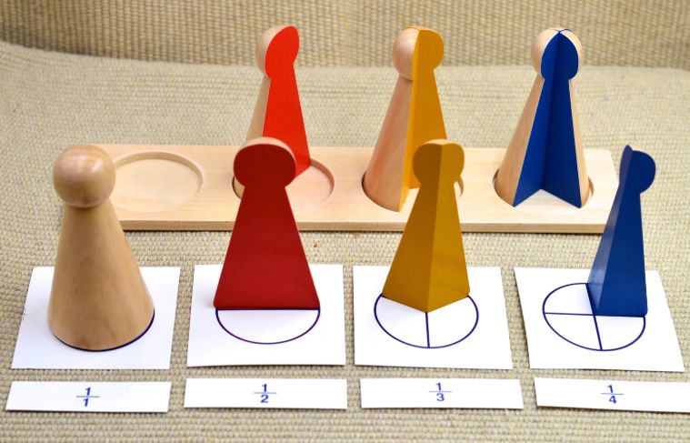 Монтесори дроби елементи с деления 1, 1/2, 1/3 и 1/4 + карти и поставк