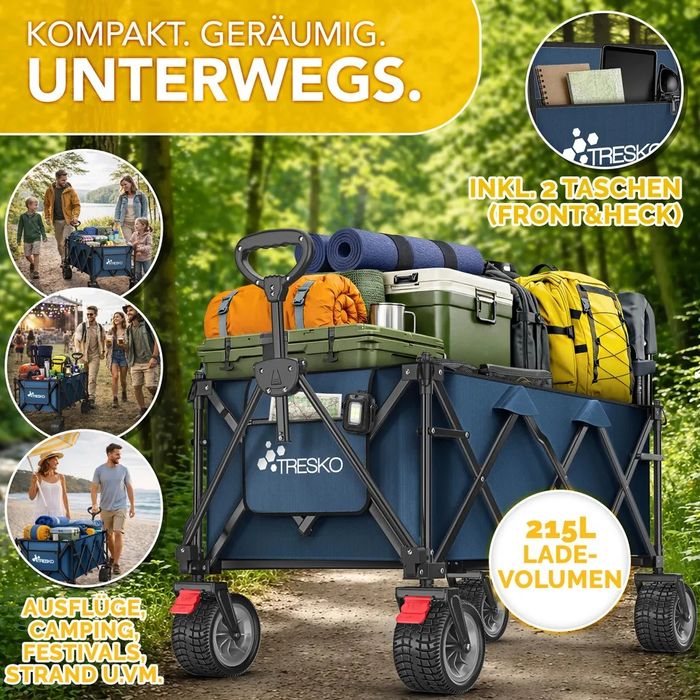 Сгъваема количка TRESKO® 215 л със спирачка,широки гуми и товароносимост до  150 кг
