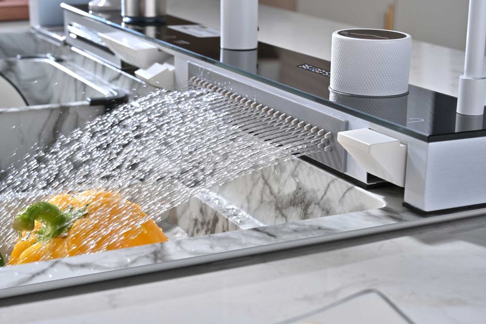 Бял мрамор - Мултифункционална кухненска мивка с двоен водопад