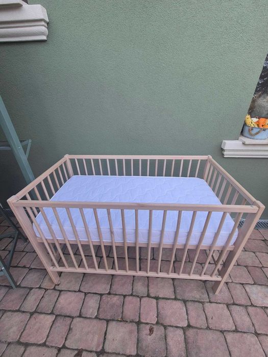 Set pătuț bebe lemn natur 120x60 + saltea + protecție NOU