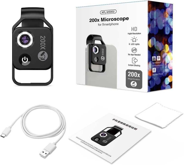 Микроскоп за телефон 200x увеличение с CPL филтър и LED светлина