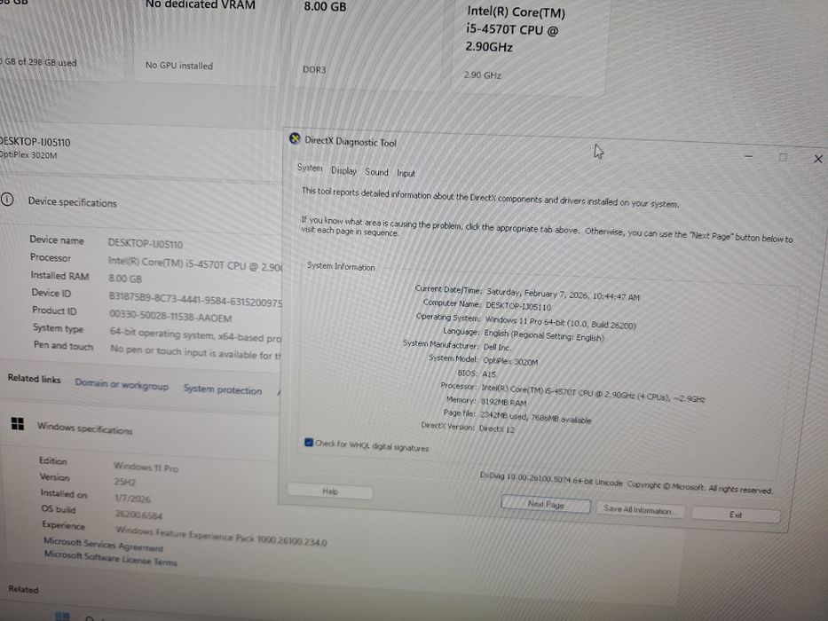 Dell Optiplex 3020M, Intel i5-4570T, 8 GB, 320 HDD, Windows