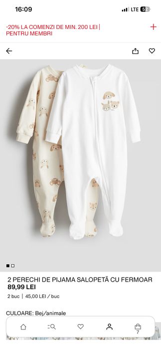 2 salopete pijama H&M mar.  80cu fermoar si botosei