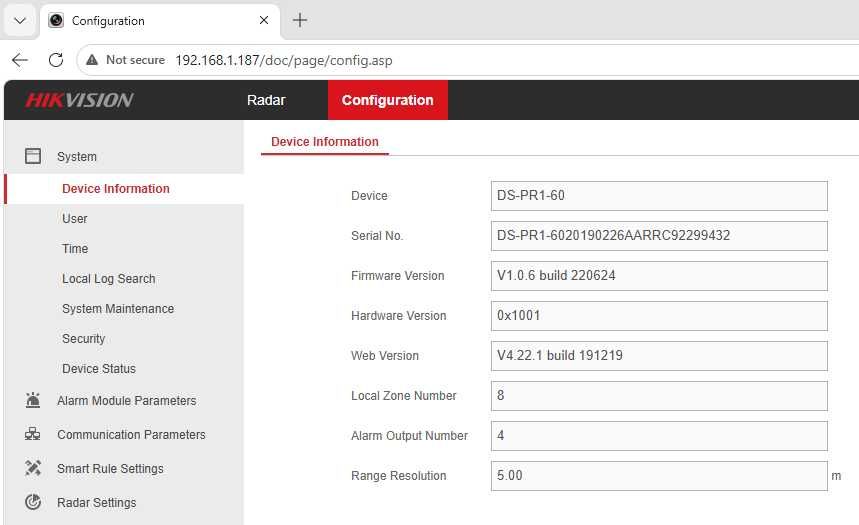 Detector de miscare exterior tip radar Hikvision DS-PR1-60 IP, 60 m, 24 GHz, PTZ tracking, pet immunity