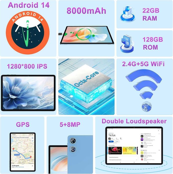 Таблет 2025 Android 14, 22GB RAM 128GB ROM 1TB Expansion, 10-инчов