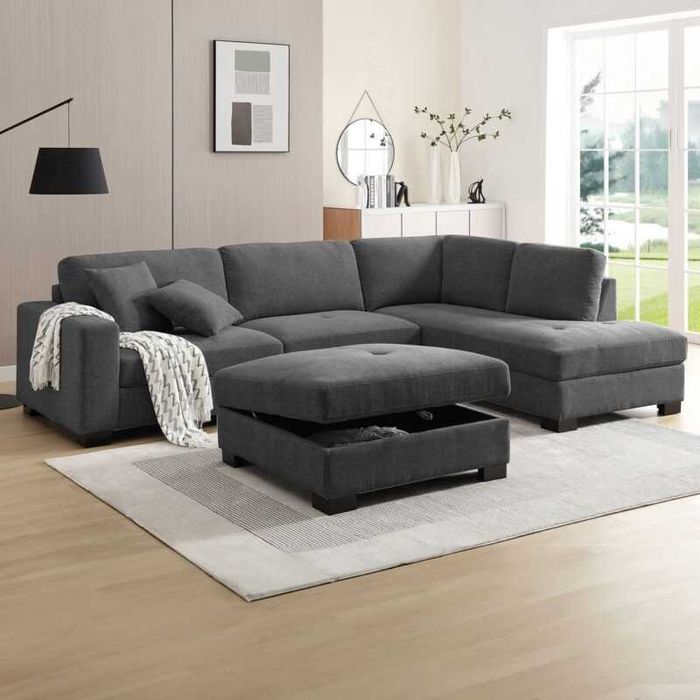 Ъглов диван, DORNO, Антрацит, Сив, Текстил, 308х207х91.98см.