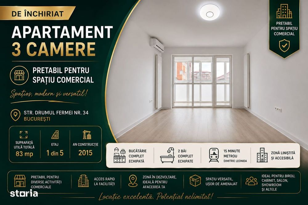 Apartament 3 Camere | 83 MP| Pretabil Spațiu Comercial | Drumul Fermei