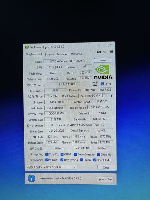Видеокарта Nvidia GeForce RTX 3070Ti 8GB Palit Game Rock