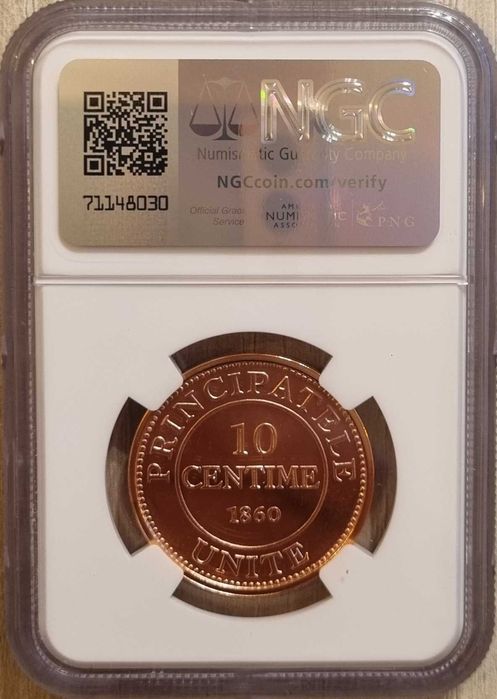 Moneda 10 centime Al. i. Cuza, replica BNR gradata NGC PF 68